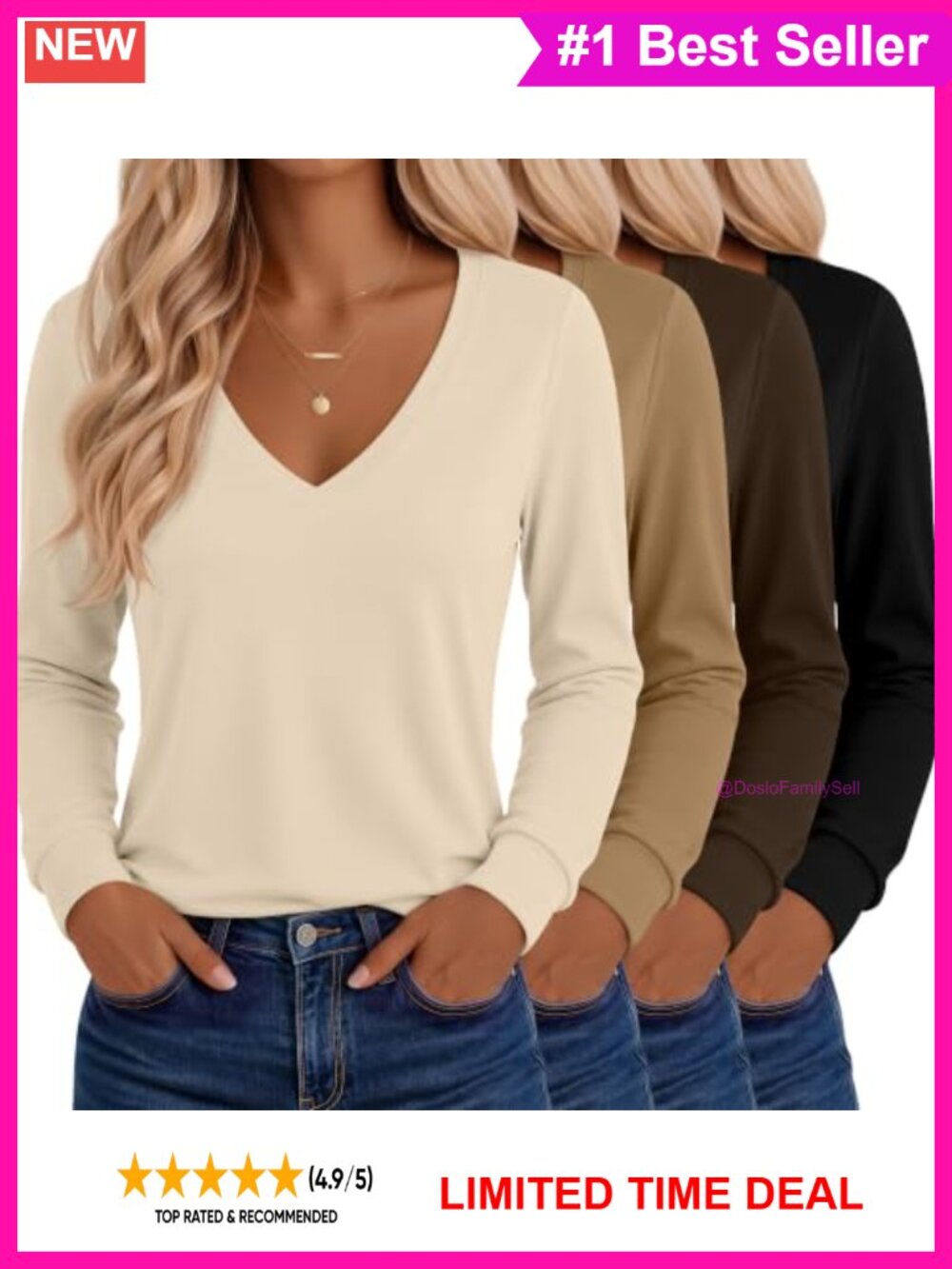 Women's V-Neck Long Sleeve Tops 4 Pack Cotton Spandex Casual Fall Shirts